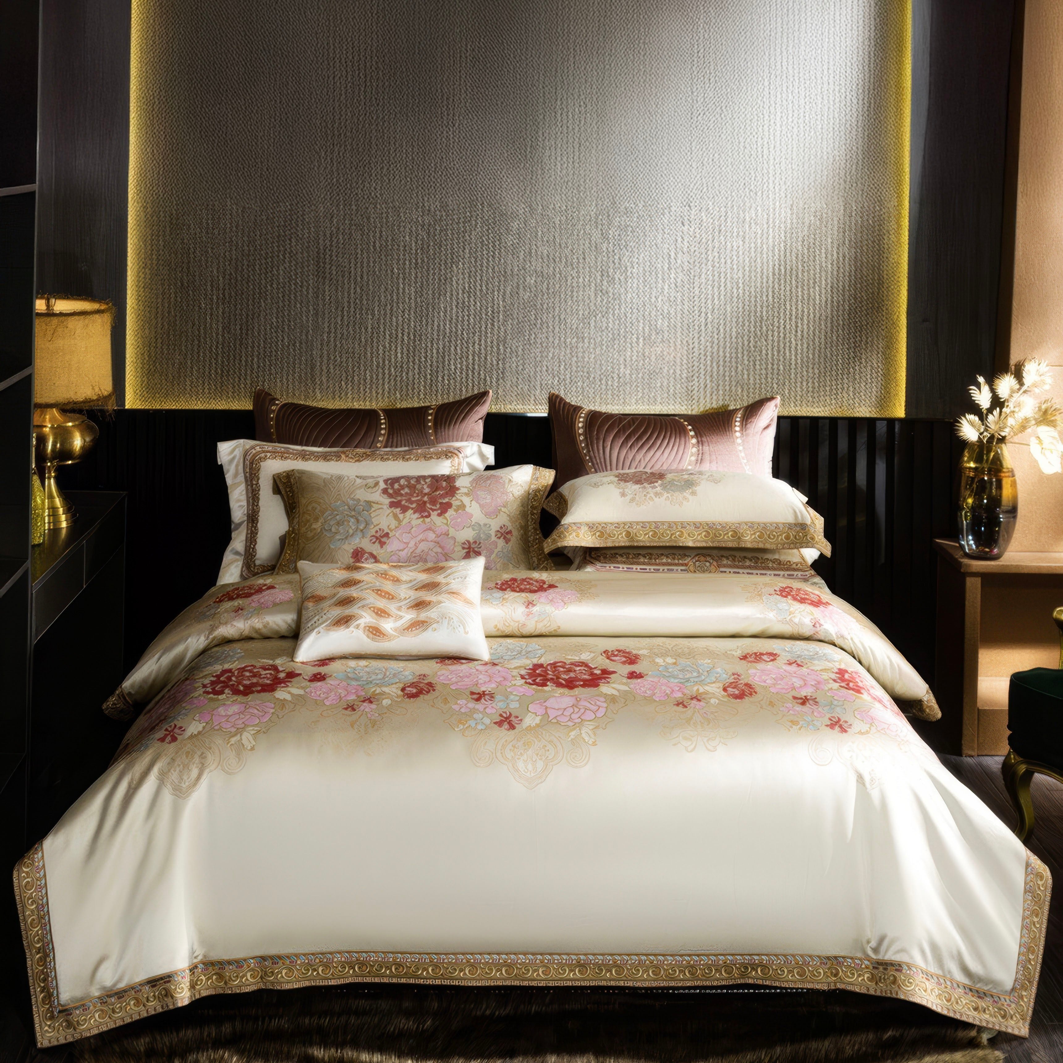 A luxurious bedding set featuring a creamy ivory duvet cover adorned with intricate floral patterns in pink, red, and pastel blue hues. The edges are elegantly bordered with ornate golden embroidery, adding a regal touch. The ensemble includes accent pillows in soft mauve with quilted patterns and gold trim, complementing the design. The setup is styled in a well-lit bedroom with a golden table lamp, decorative vase with dried flowers, and a rich black and gold-toned backdrop for a sophisticated.