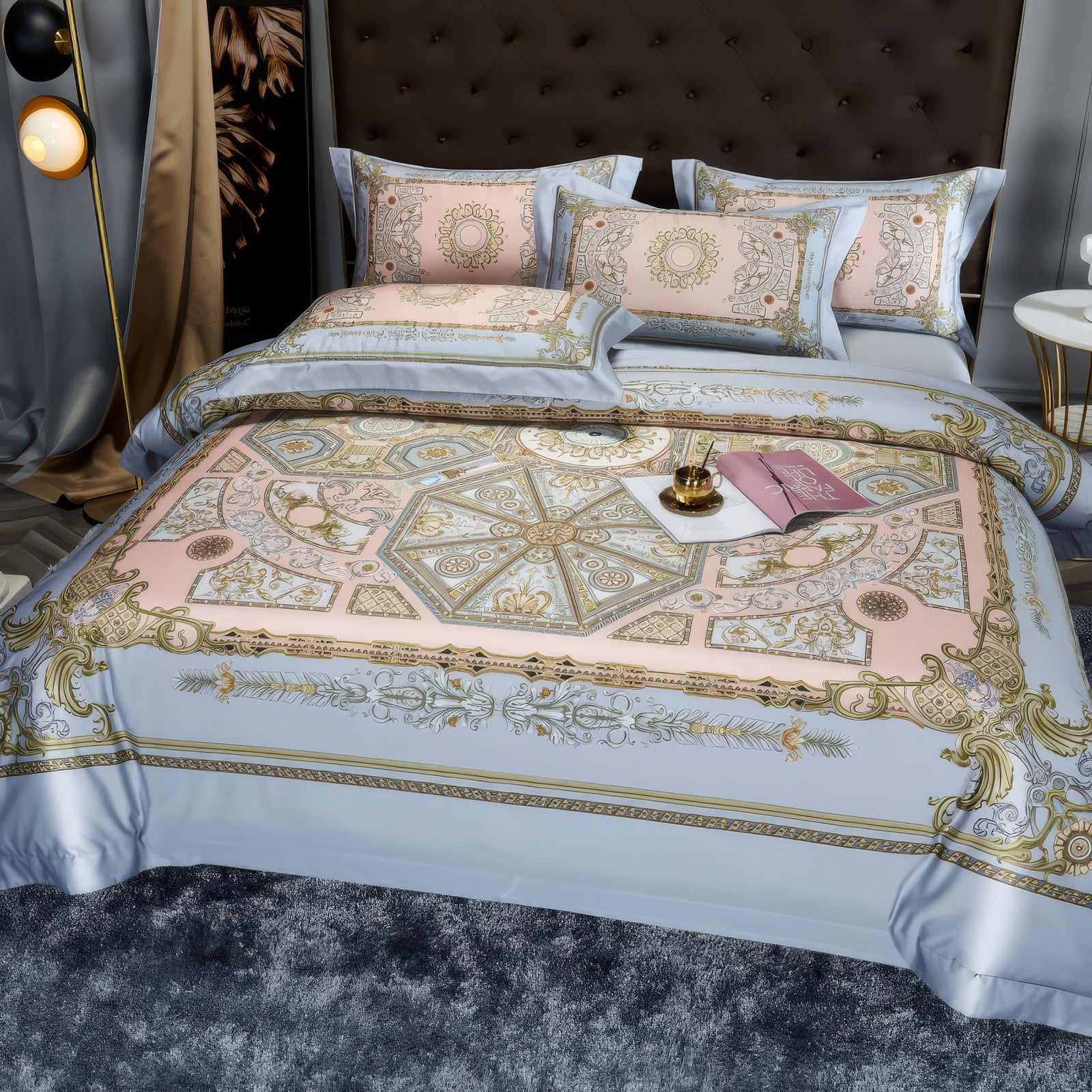 Egyptian cotton bedding set featuring elaborate baroque designs in pastel pink and gold accents, complemented by a light blue base and paired with elegant decor, including a tufted headboard, soft grey carpet, and a modern floor lamp.

