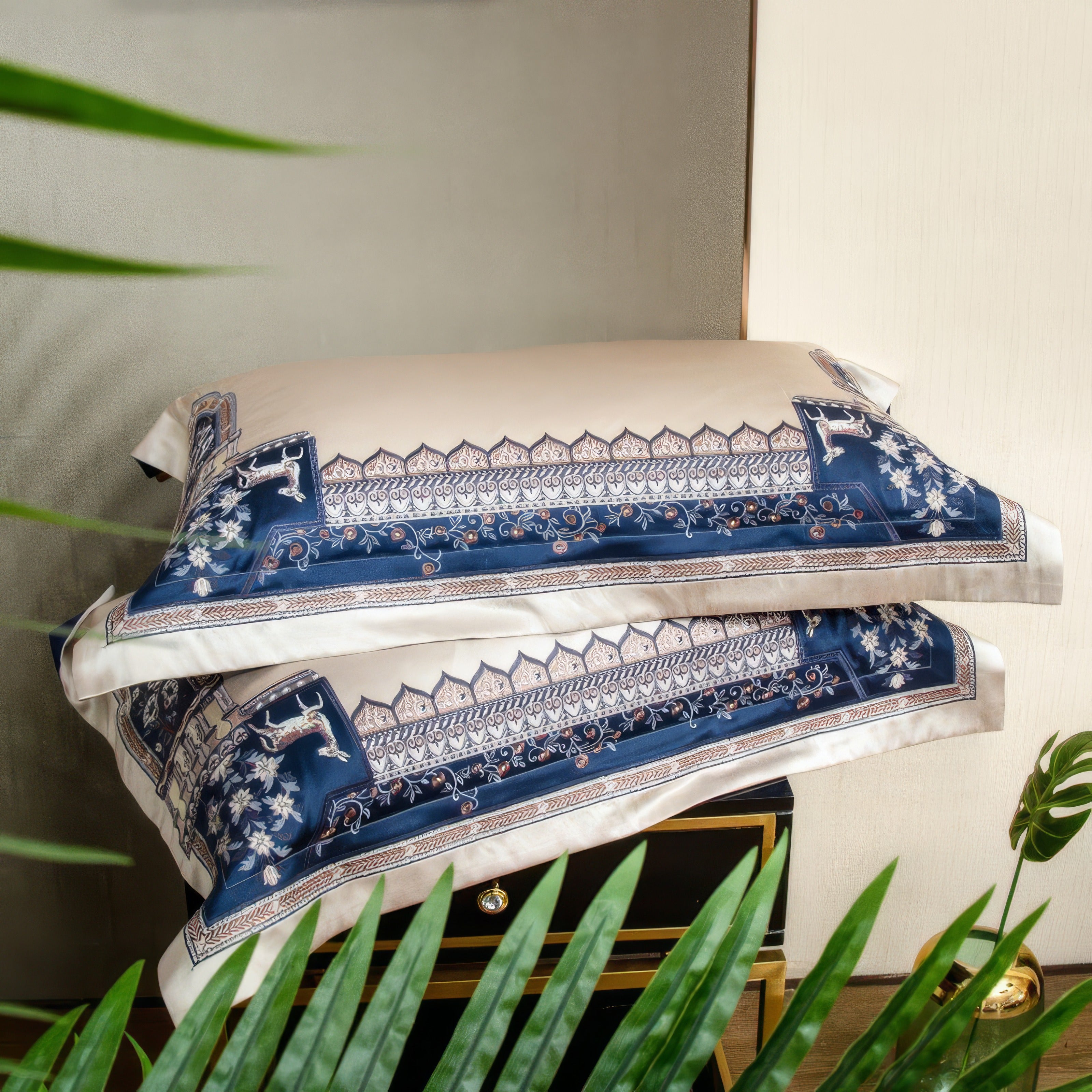 Stacked silk pillowcases with ornate blue and white embroidery, featuring elegant floral and deer motifs, displayed on a sleek black side table with a golden drawer handle, surrounded by lush green plants for a luxurious and natural ambiance.