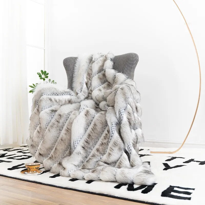 Shaggy Grey Faux Fur Throw Blanket