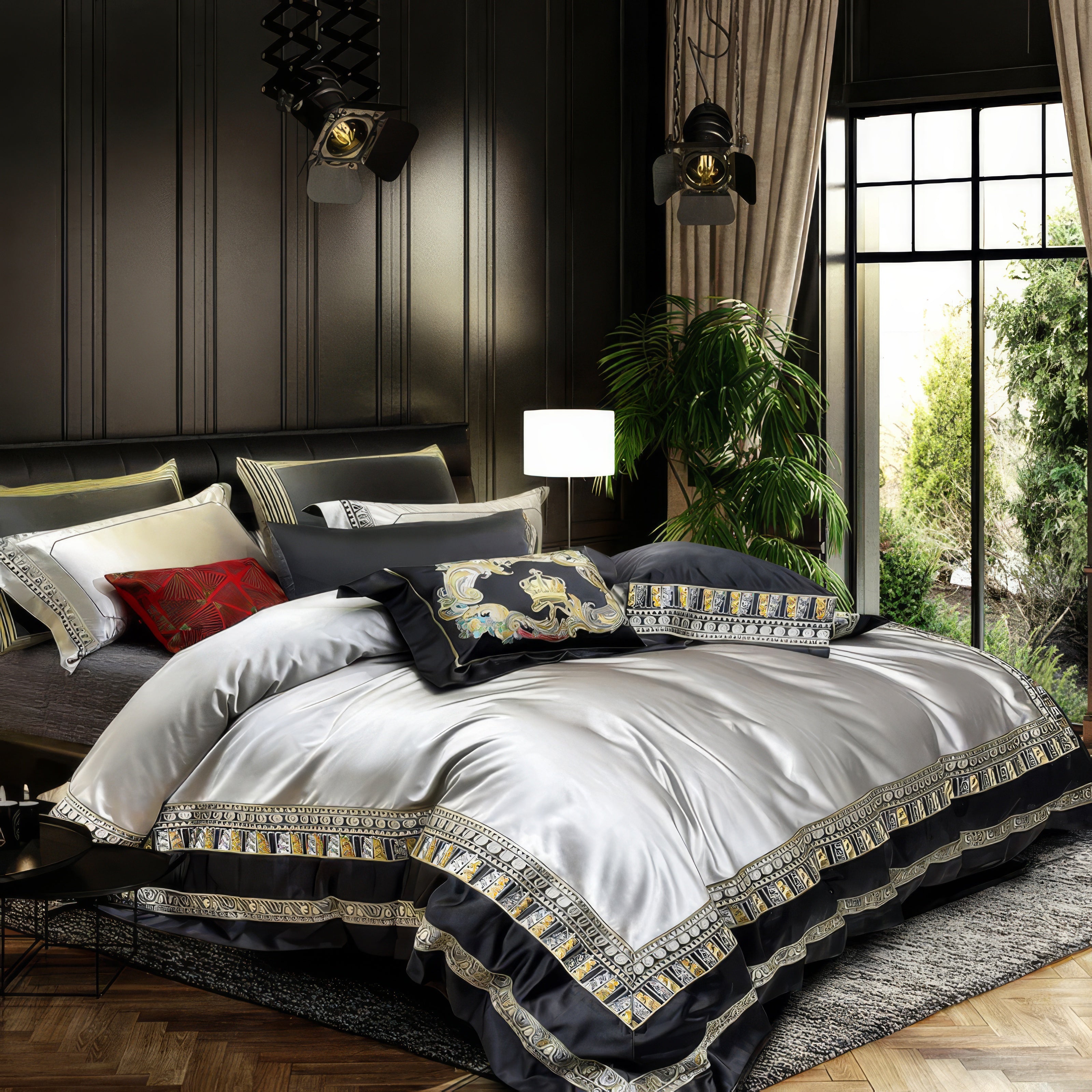 A regal bedding set featuring a combination of silver, black, and gold tones, highlighted with an intricate geometric border design. The duvet cover showcases a luminous silver satin finish, exuding a sense of luxury and refinement. Decorative pillows include a striking black velvet piece embroidered with ornate patterns, complemented by a bold red pillow for a touch of contrast. 