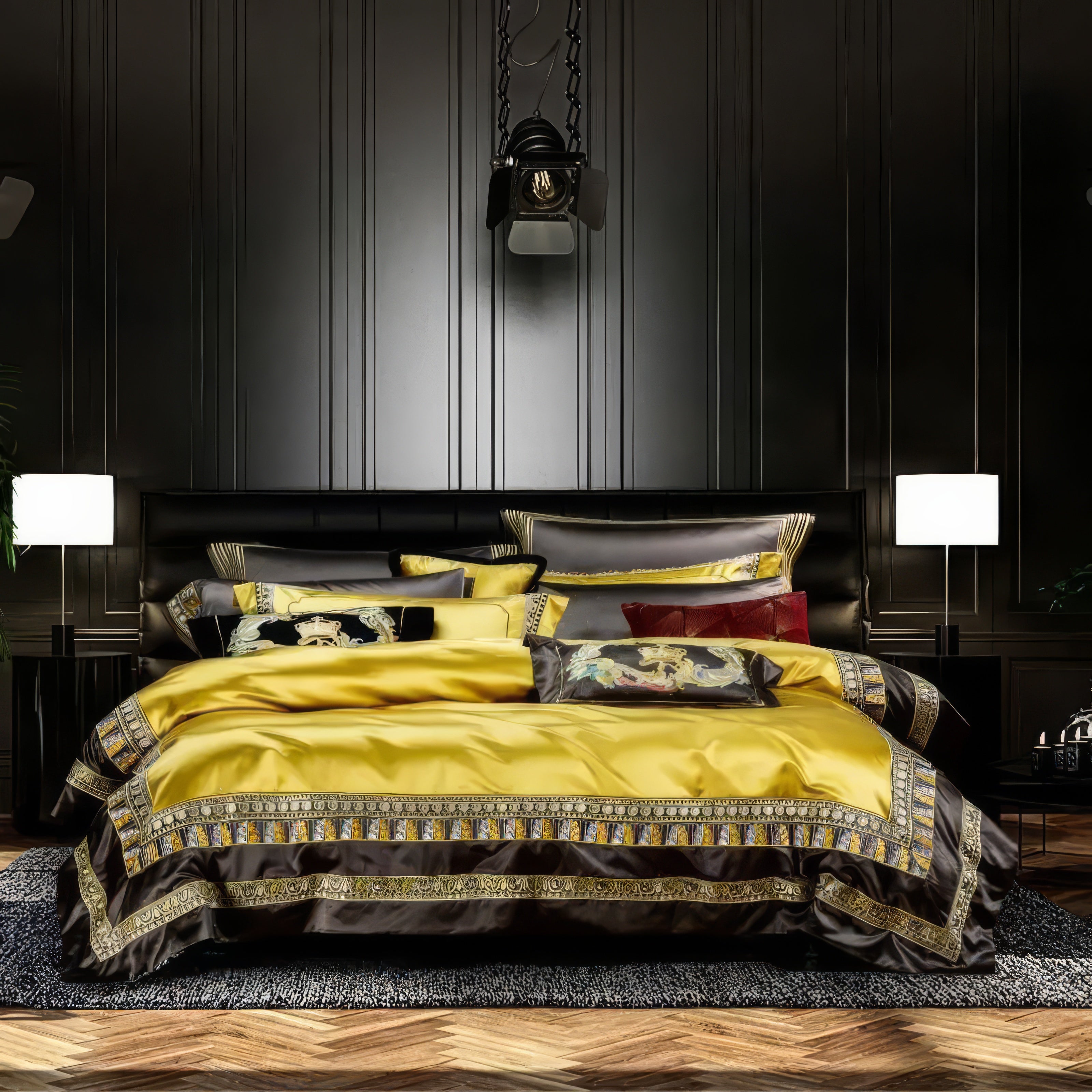 A luxurious bedding set featuring a striking yellow duvet cover with intricate black and gold borders, complemented by matching pillowcases and accent pillows. The bed is styled in an opulent black room with modern lighting and decor, creating a dramatic and sophisticated ambiance. The glossy fabric enhances the vibrant hues, adding a touch of elegance to the setting.

