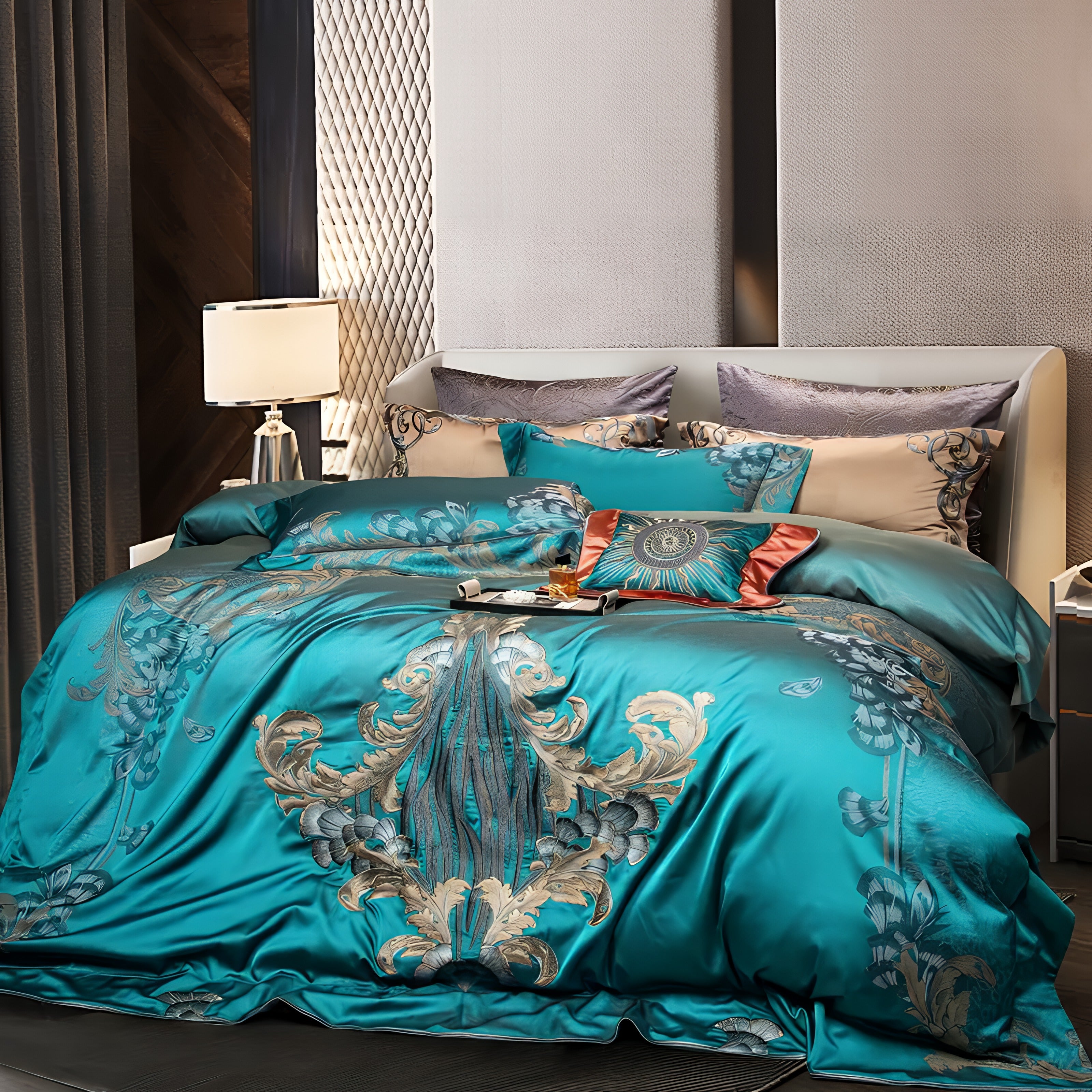 Teal bedding set with a silky finish and elaborate baroque-inspired embroidery in gold and silver tones, complemented by floral motifs. The ensemble includes contrasting beige and gray pillows with decorative patterns and a standout teal and orange throw pillow with a sunburst embroidery design. The room features a modern upholstered gray headboard, textured wall panels, and bedside tables with sleek lamps and minimal decor, creating a balanced and opulent aesthetic.