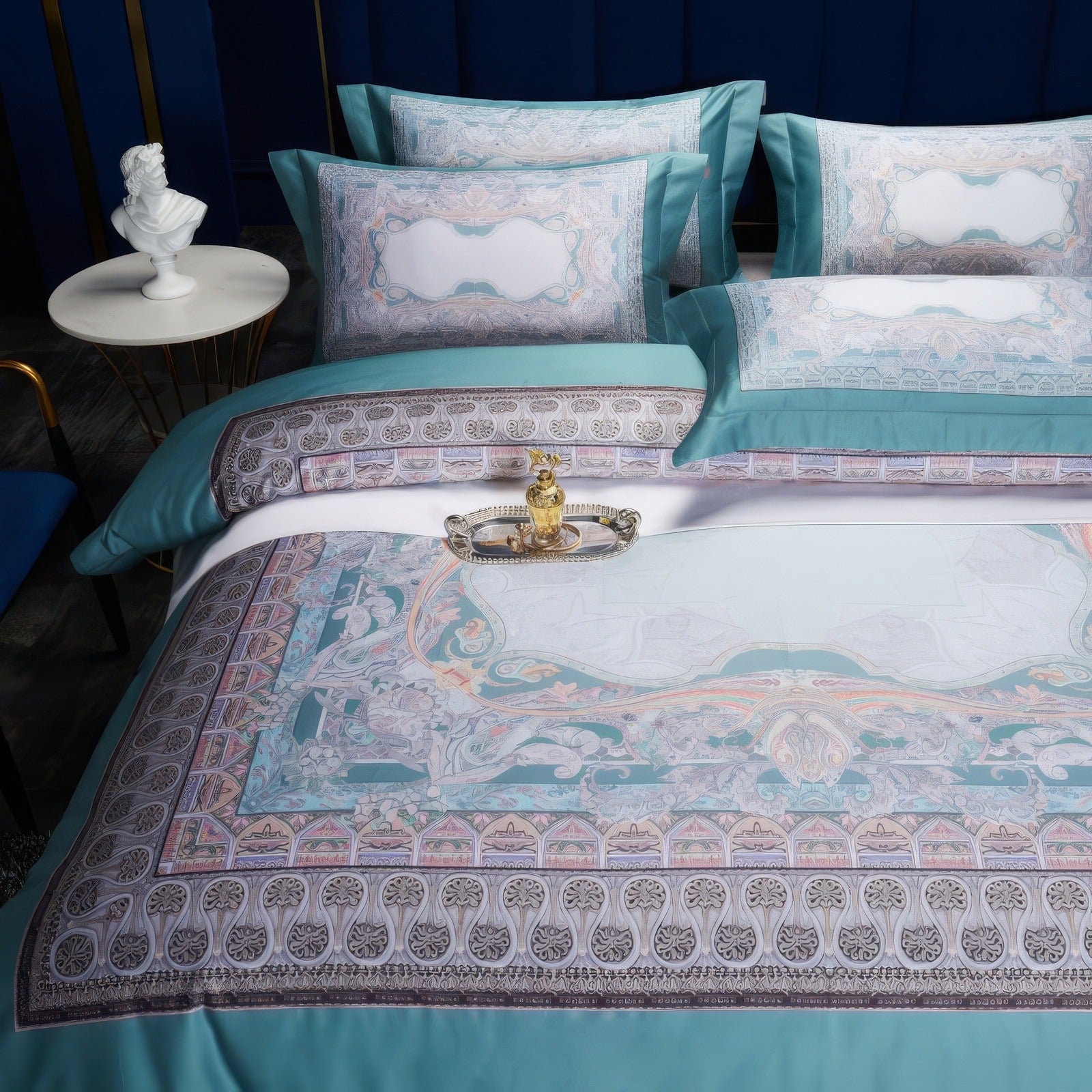 Detailed close-up of a luxurious turquoise bedding set made from 100% Egyptian cotton, showcasing intricate ornamental patterns in soft white and silver tones with elegant pillowcases and a decorative centerpiece.

