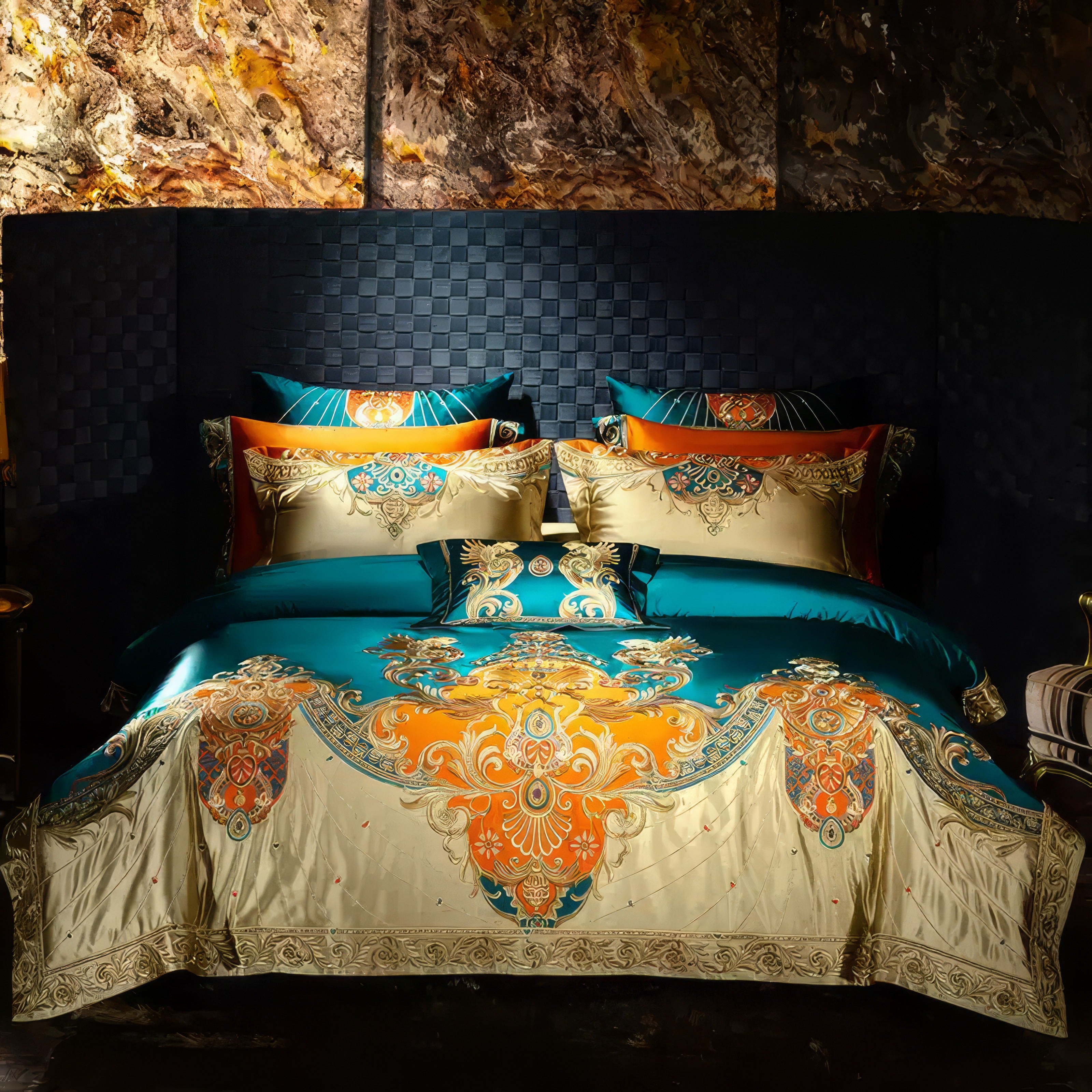 Opulent bedding set in teal, orange, and gold with elaborate baroque-style embroidery, featuring matching pillowcases and a decorative throw pillow, styled in a luxurious bedroom with a textured black headboard and marble-accented walls.