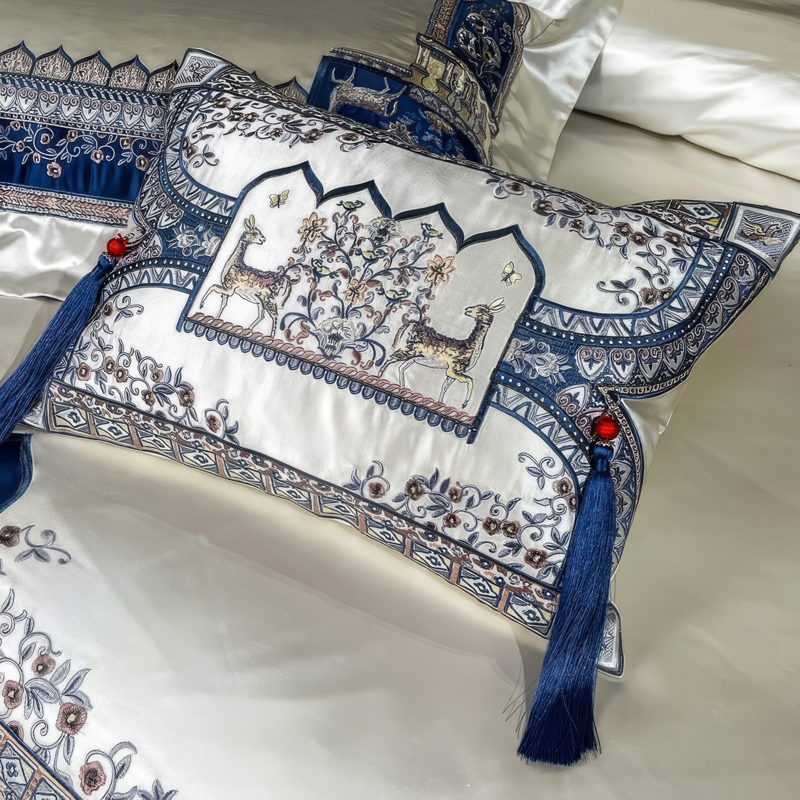 A decorative silk pillow featuring intricate blue and white embroidery with deer and floral motifs, accented by vibrant red tassels and a rich blue border, placed on a luxurious bedding set for an opulent aesthetic.