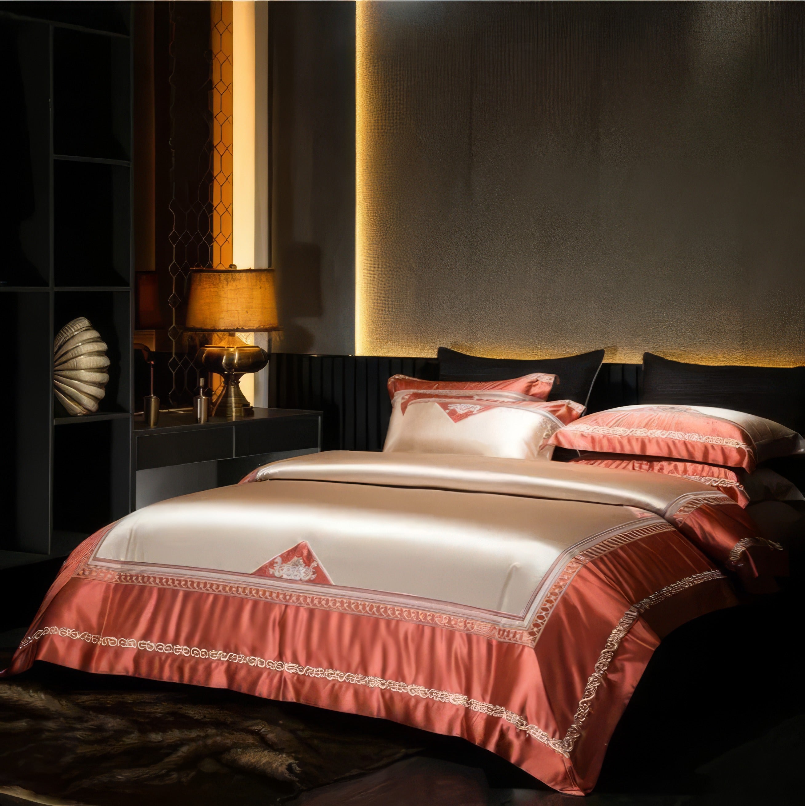 A luxurious bedroom scene featuring a champagne and coral bedding set with a satin finish and intricate embroidery. The warm glow of ambient lighting and elegant decor elements, such as golden table lamps and a dark headboard, create a sophisticated and inviting atmosphere.

