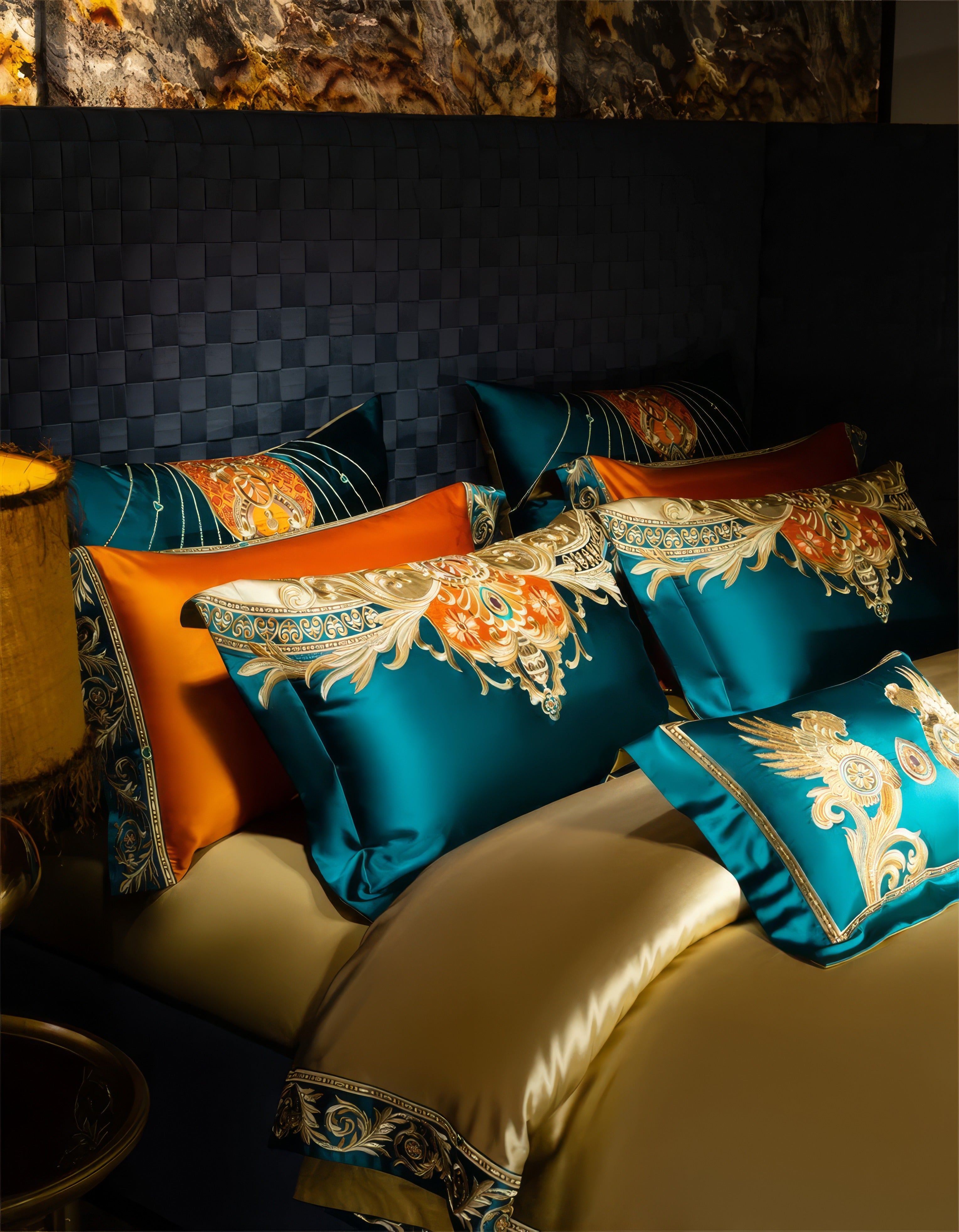 Close-up of a luxurious bedding set featuring teal and orange pillowcases with intricate gold baroque-style embroidery, complemented by a gold satin bedspread and styled with a textured black headboard and golden lamp.