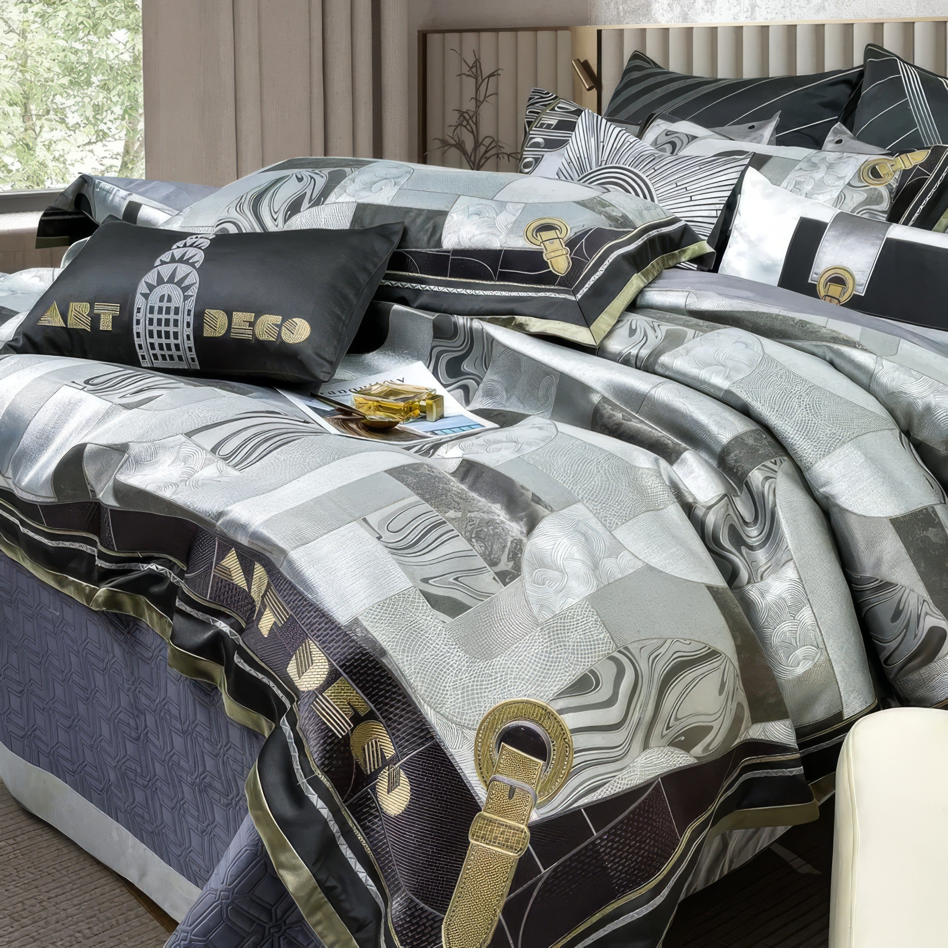 Close-up view of an Art Deco-inspired bedding set in silver, grey, and black tones, showcasing intricate patchwork patterns with geometric and marbled designs. The bedding includes elegant decorative elements, such as a black pillow embroidered with the phrase 'Art Deco' and a stylized building motif. Gold-tone accents on the trim and patterns enhance the luxurious feel. The room features a soft, neutral backdrop with a large window offering natural light, complementing the refined, contemporary aesthetic.