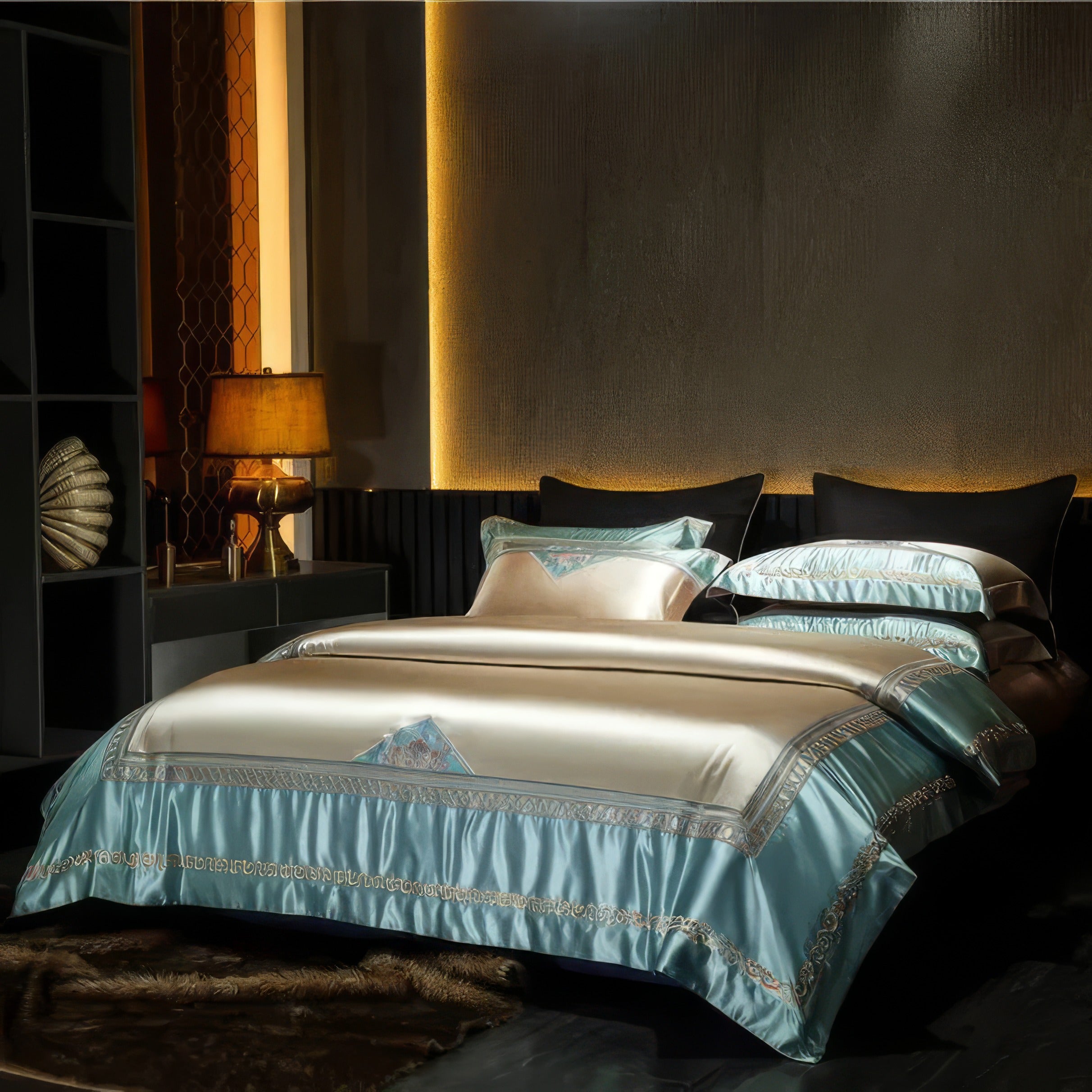 Luxurious satin blue and beige bedding set with intricate gold embroidery, styled in a contemporary bedroom featuring ambient golden lighting, a sleek black headboard, and elegant decorative accents.

