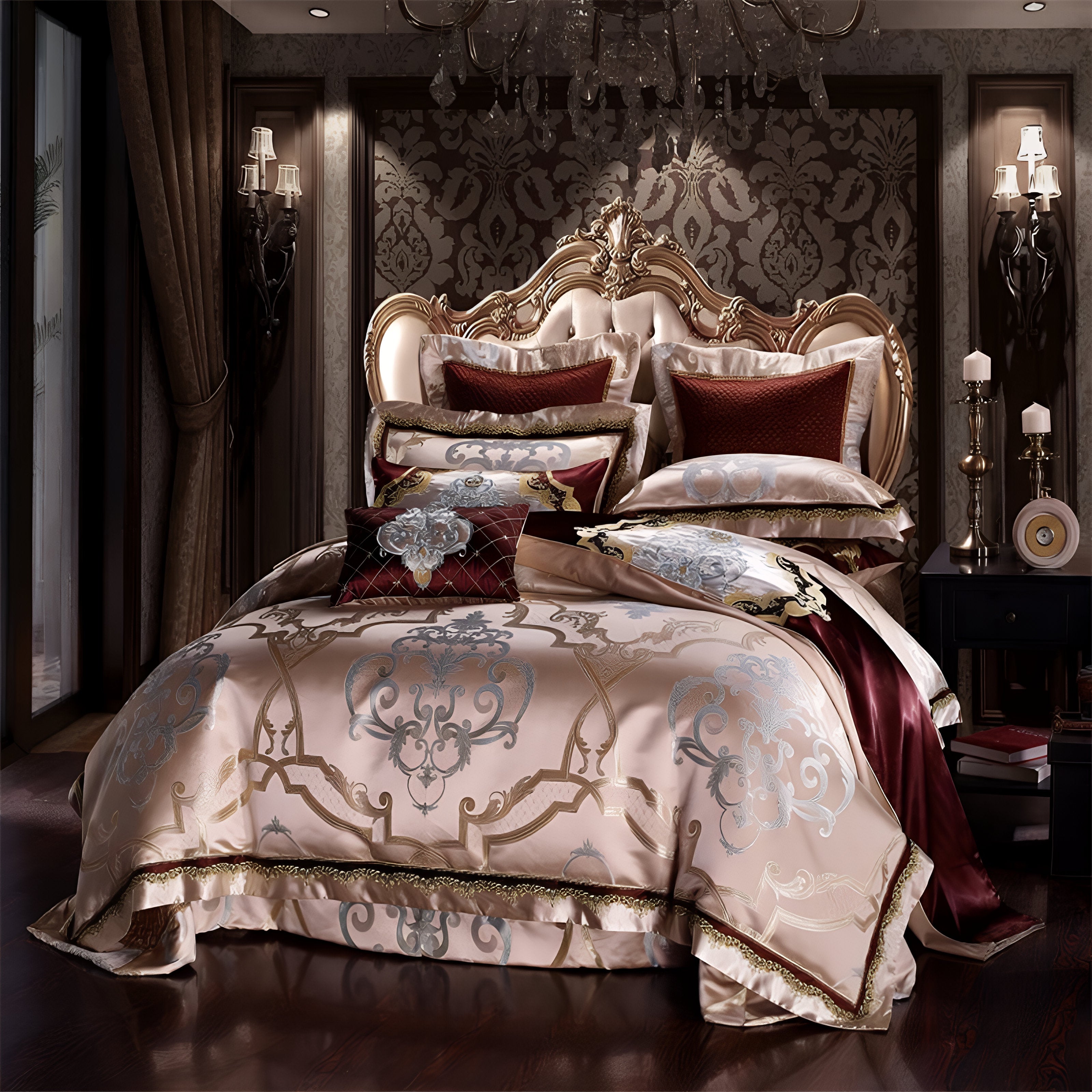 A lavishly styled bedroom featuring a regal satin bedding set in champagne tones with intricate silver and gold embroidery. Accented with deep burgundy pillows and a matching throw, the bedding exudes opulence and refinement. The ornate tufted headboard with gilded detailing complements the rich, patterned wallpaper. The ambiance is enhanced by the soft glow of elegant wall sconces and a grand chandelier, creating a warm and sophisticated atmosphere.

