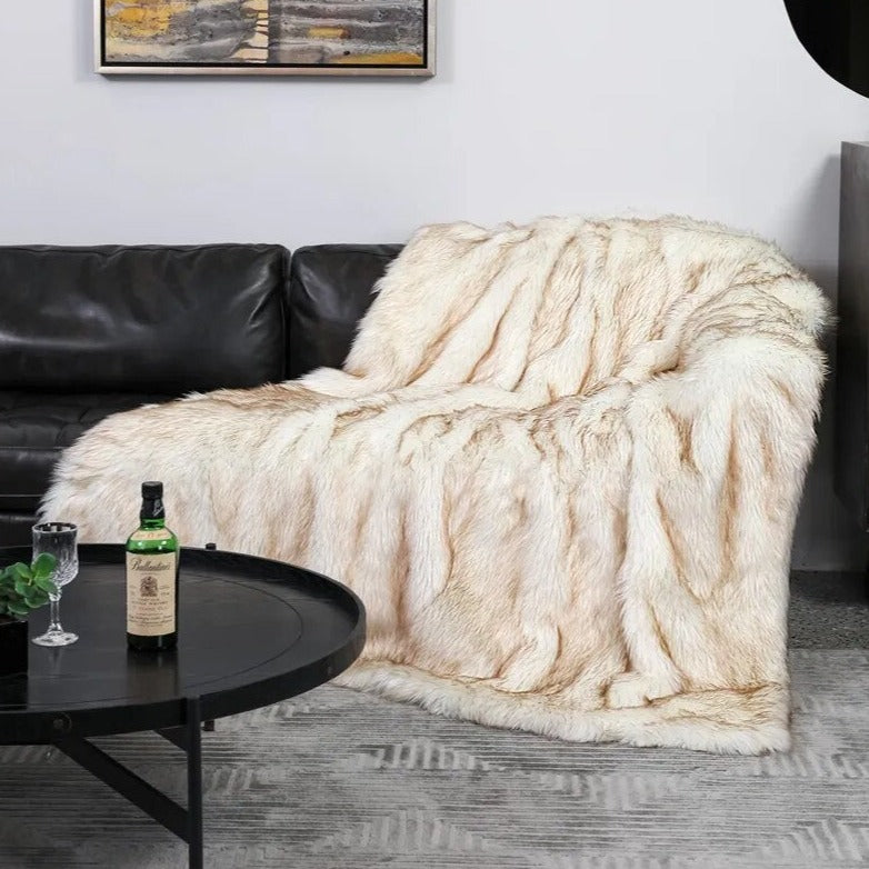 Shaggy Beige Faux Fur Throw Blanket