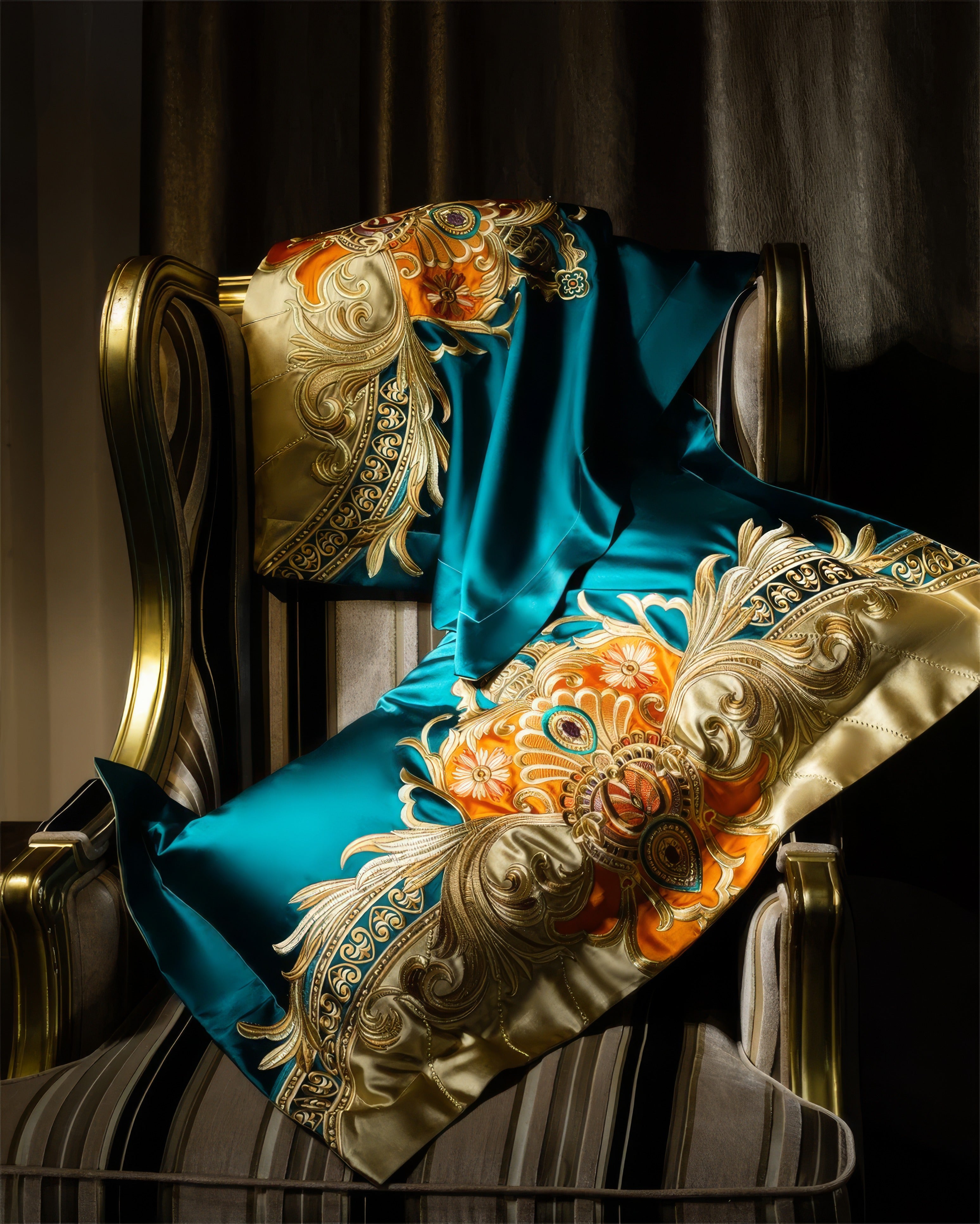 Close-up of a teal, orange, and gold pillowcase with ornate baroque-style embroidery featuring floral and ornamental details, elegantly draped over a striped, gold-accented armchair in a luxurious setting.