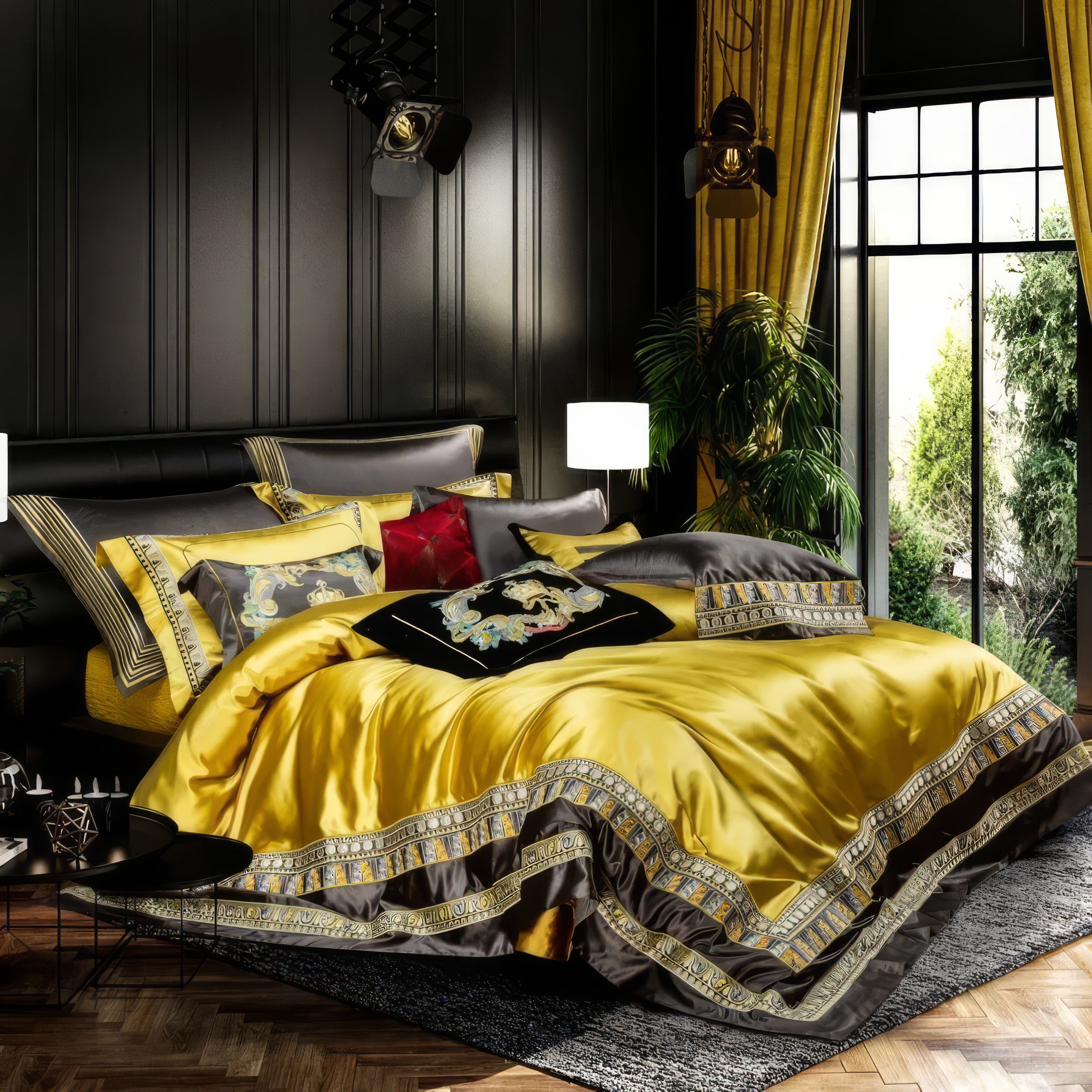 A grand bedding set highlighted by a vibrant yellow duvet with intricate black and gold borders, paired with matching pillowcases and accent pillows featuring detailed embroidery. The luxurious setting includes dramatic black walls, golden curtains, and a view of lush greenery through tall glass windows. Modern lighting and elegant decor enhance the opulent atmosphere, showcasing a perfect blend of bold colors and sophisticated design.

