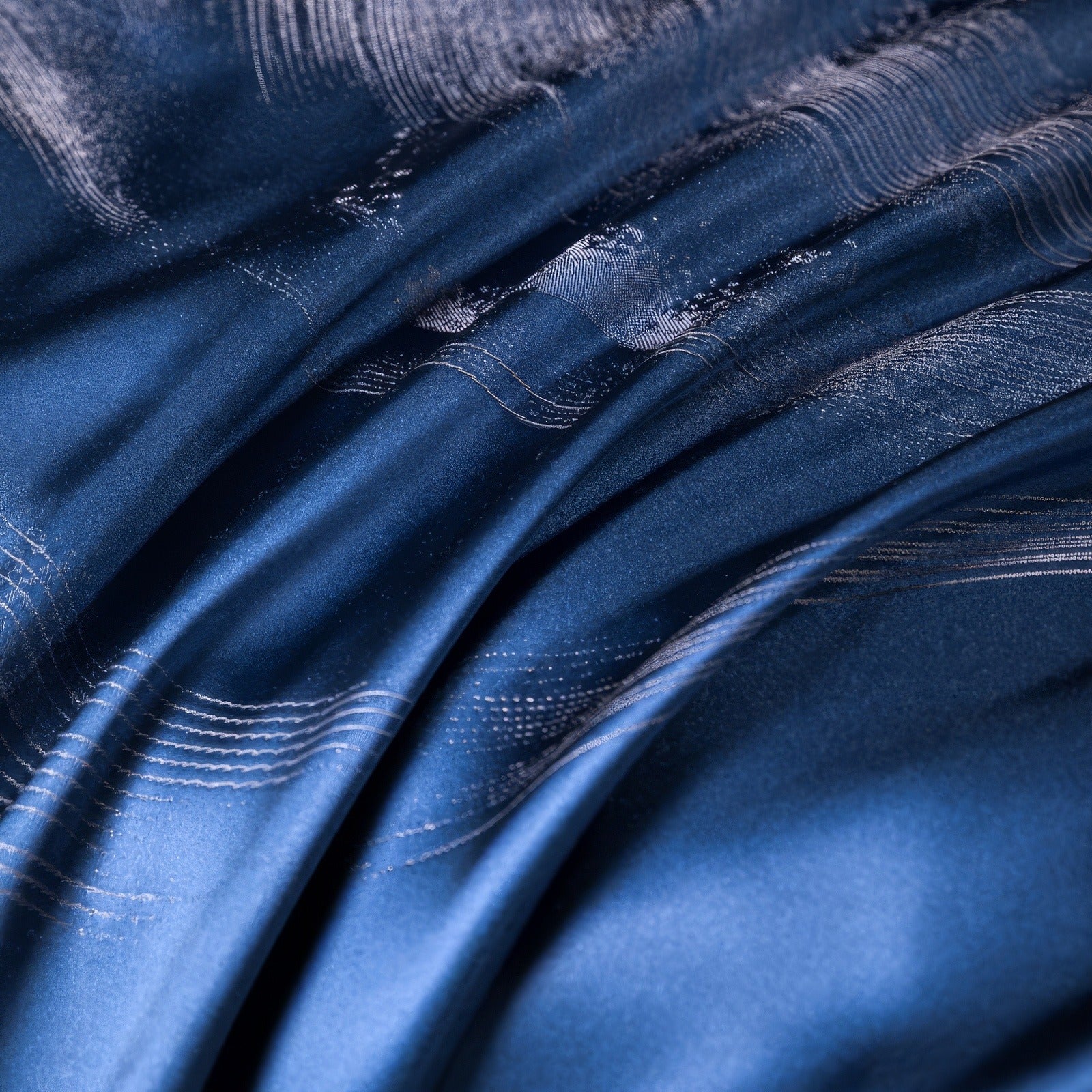 Close-up of a deep blue silk fabric with shimmering silver wave-like patterns and smooth, flowing texture.

