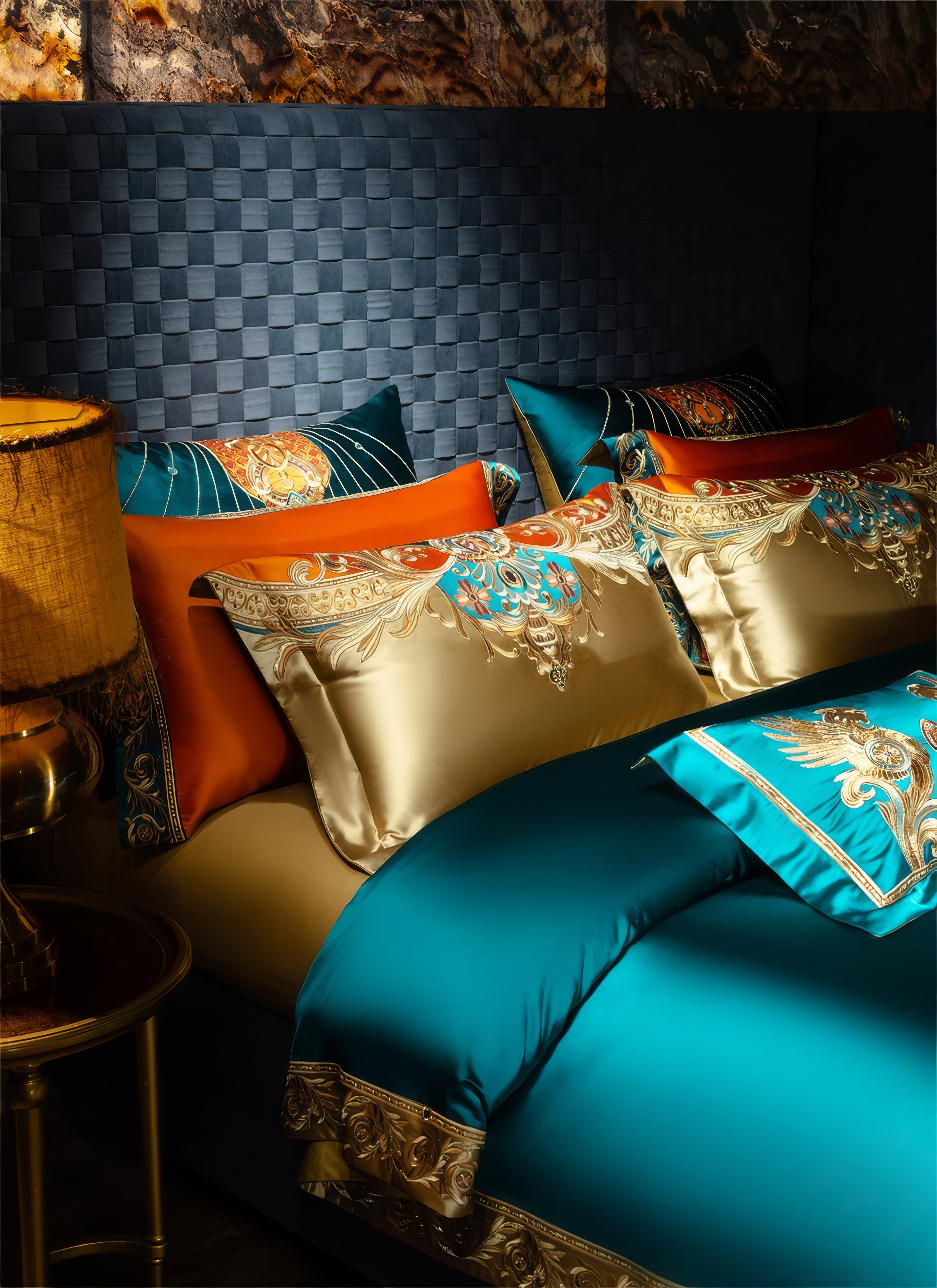 close-up of a luxurious bedding set, featuring teal, orange, and gold tones. The pillowcases showcase intricate embroidery with baroque and floral patterns, framed by the rich sheen of the satin fabric. The warm lighting accentuates the elaborate details and opulent texture, creating an atmosphere of elegance and sophistication