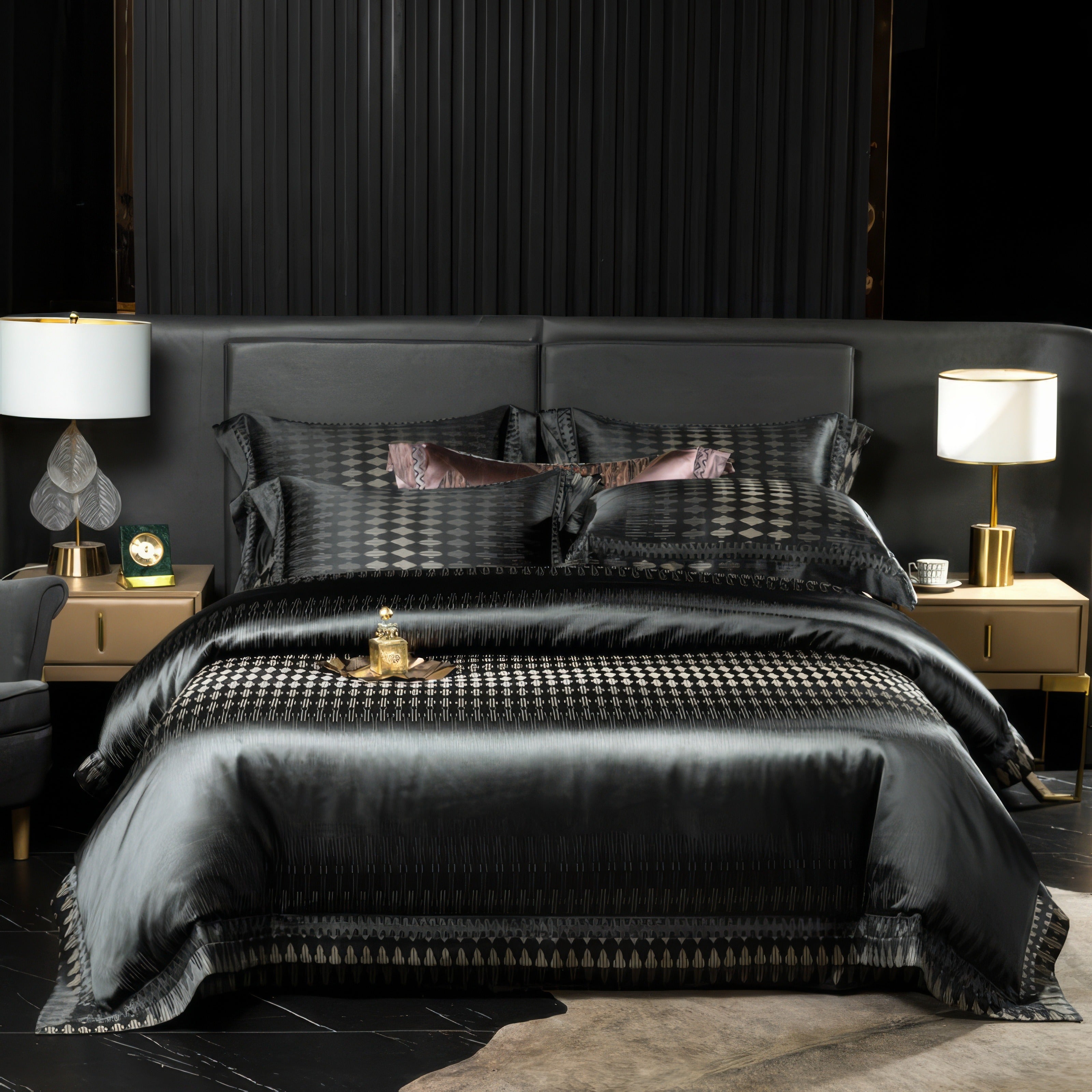 Luxurious black bedding set with geometric patterns and subtle sheen, styled on a contemporary bed with two modern lamps and matching nightstands.

