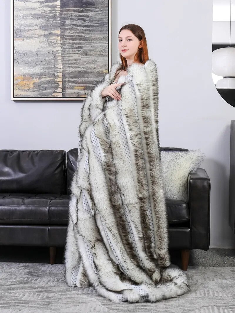 Shaggy Grey Faux Fur Throw Blanket