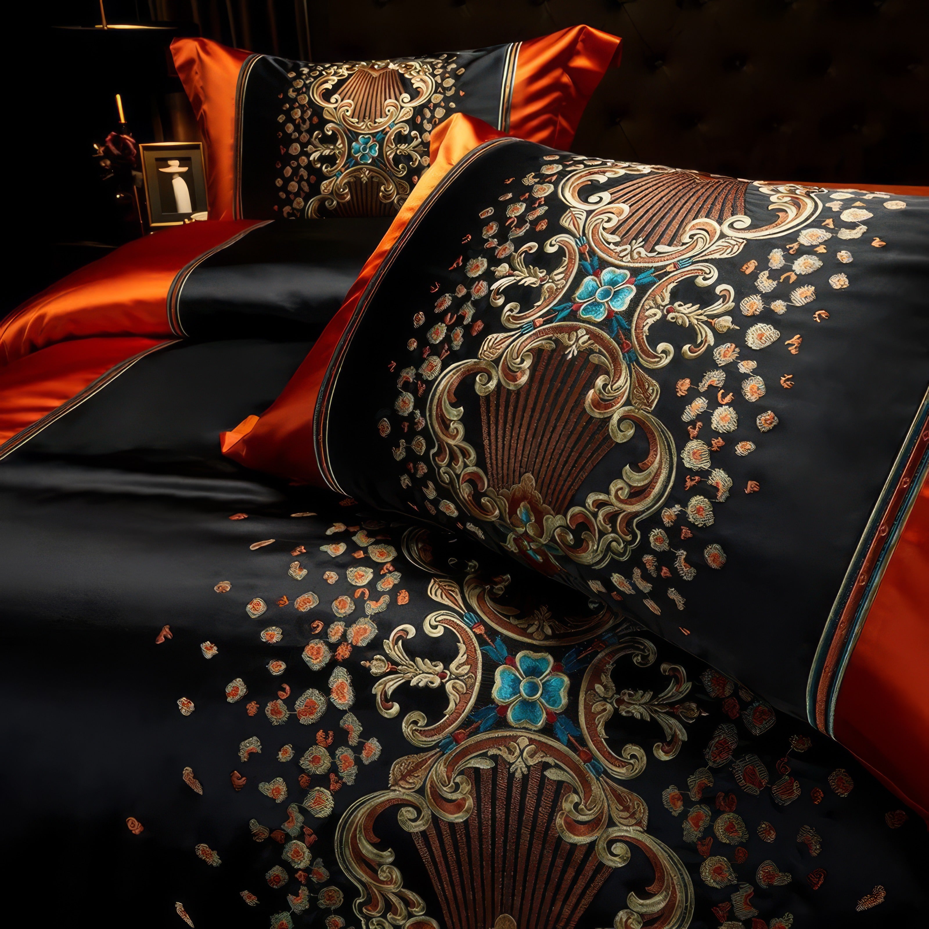 Close-up of a luxurious orange and black bedding set featuring intricate gold and turquoise embroidery with ornate patterns on pillowcases and a quilt cover, styled in a sophisticated bedroom setting.