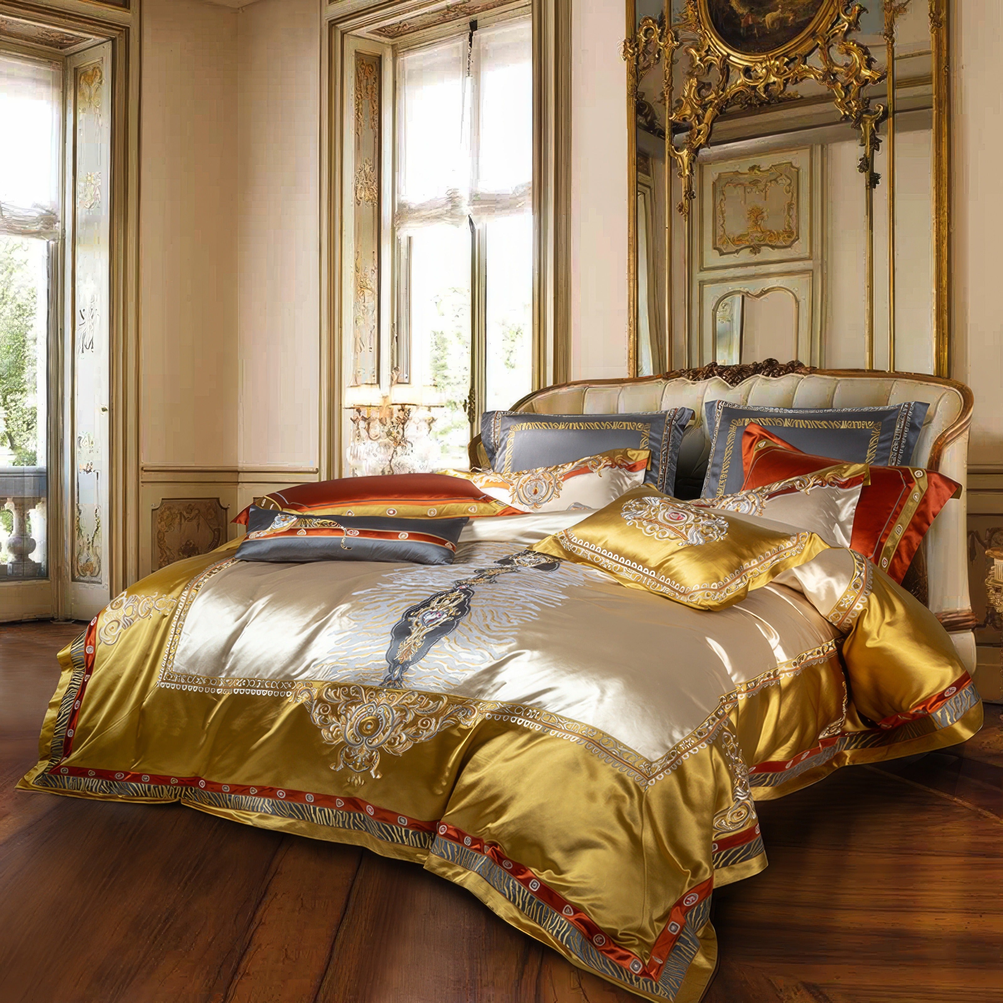 Richly designed bedding set with golden satin finish, ornate baroque-inspired patterns, and accents of blue and orange, styled on a vintage upholstered bed in a luxurious room with gilded mirrors and classic architectural details.

