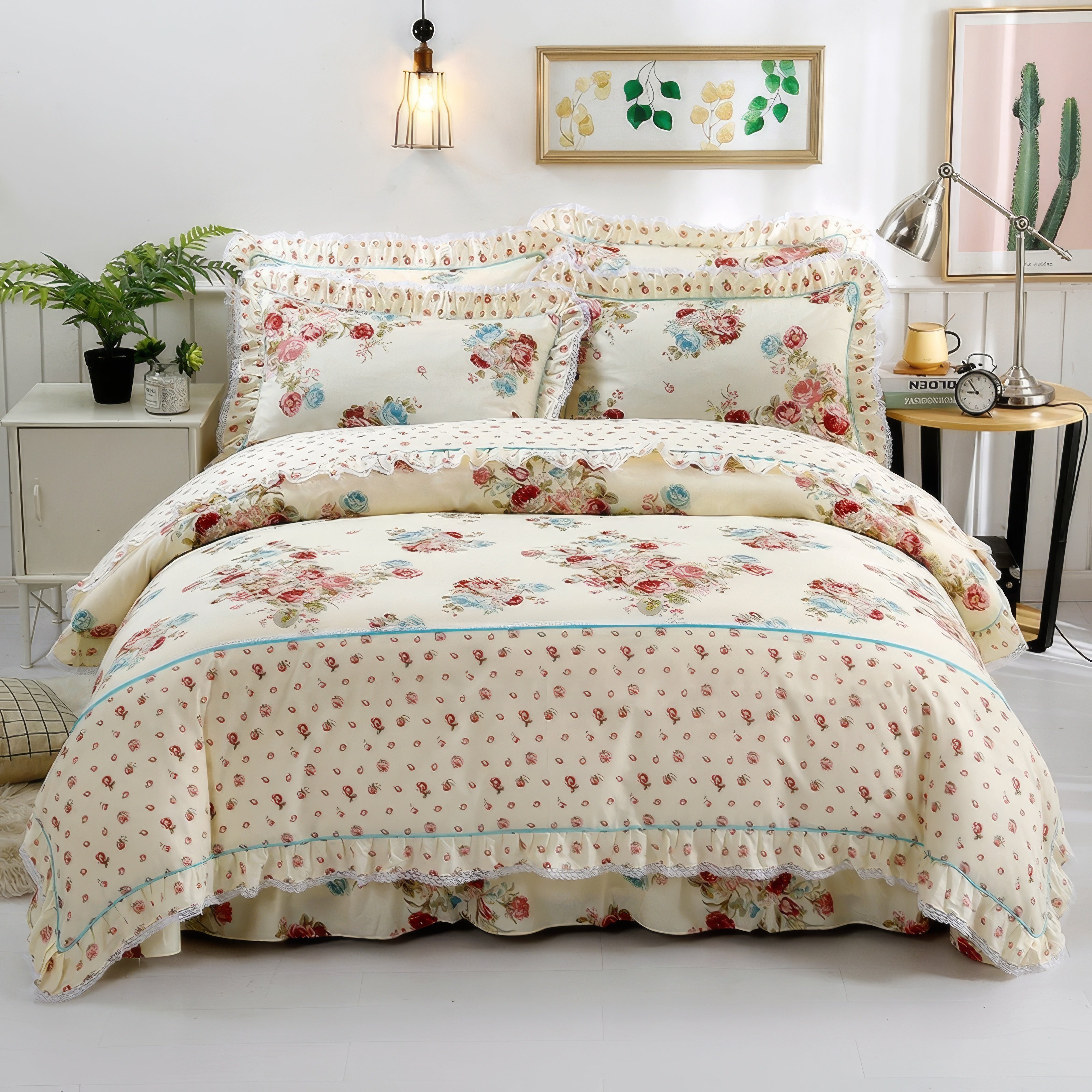 Cream bedding set with a floral design of pink, red, and blue roses, accompanied by delicate lace trim and small polka dot patterns. The bed is styled with multiple matching pillows and a ruffled duvet, creating a soft, vintage-inspired look. A modern bedside table with a lamp, clock, and potted plant decorates the scene.

