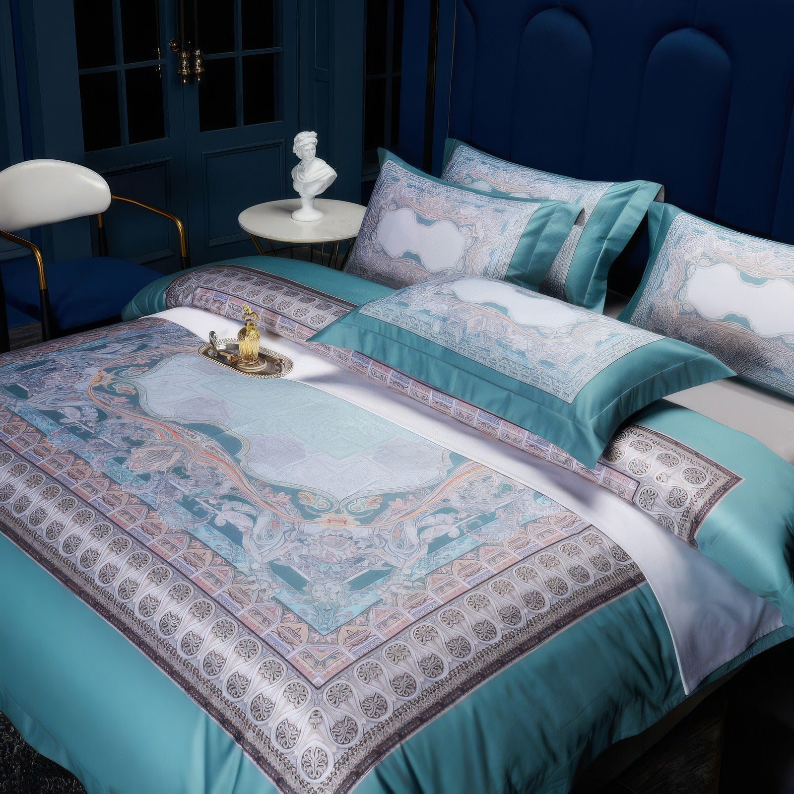 Luxurious turquoise bedding set crafted from 100% Egyptian cotton, featuring intricate ornamental patterns in soft white and silver tones, displayed in an elegant bedroom with a dark blue headboard and contemporary accents.

