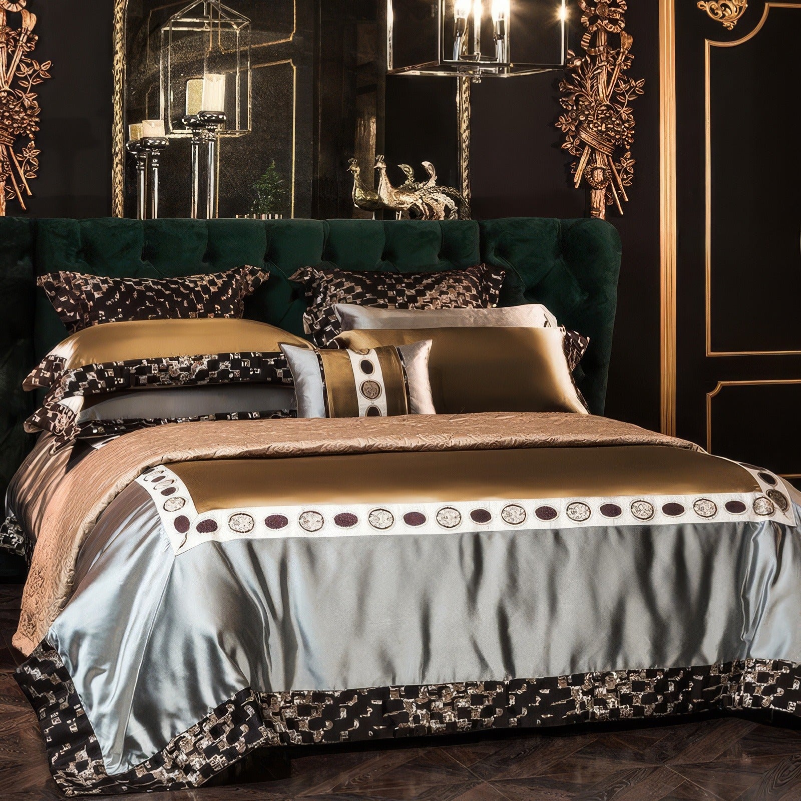 Elegant bedding set with champagne gold and silver blue hues, accented by geometric patterns and decorative trim. The silky duvet cover, paired with matching pillowcases and contrast black-and-gold base skirt, creates a luxurious and sophisticated aesthetic. The ensemble is complemented by the plush green tufted headboard and ornate gold wall decor, reflecting opulence and modern design.

