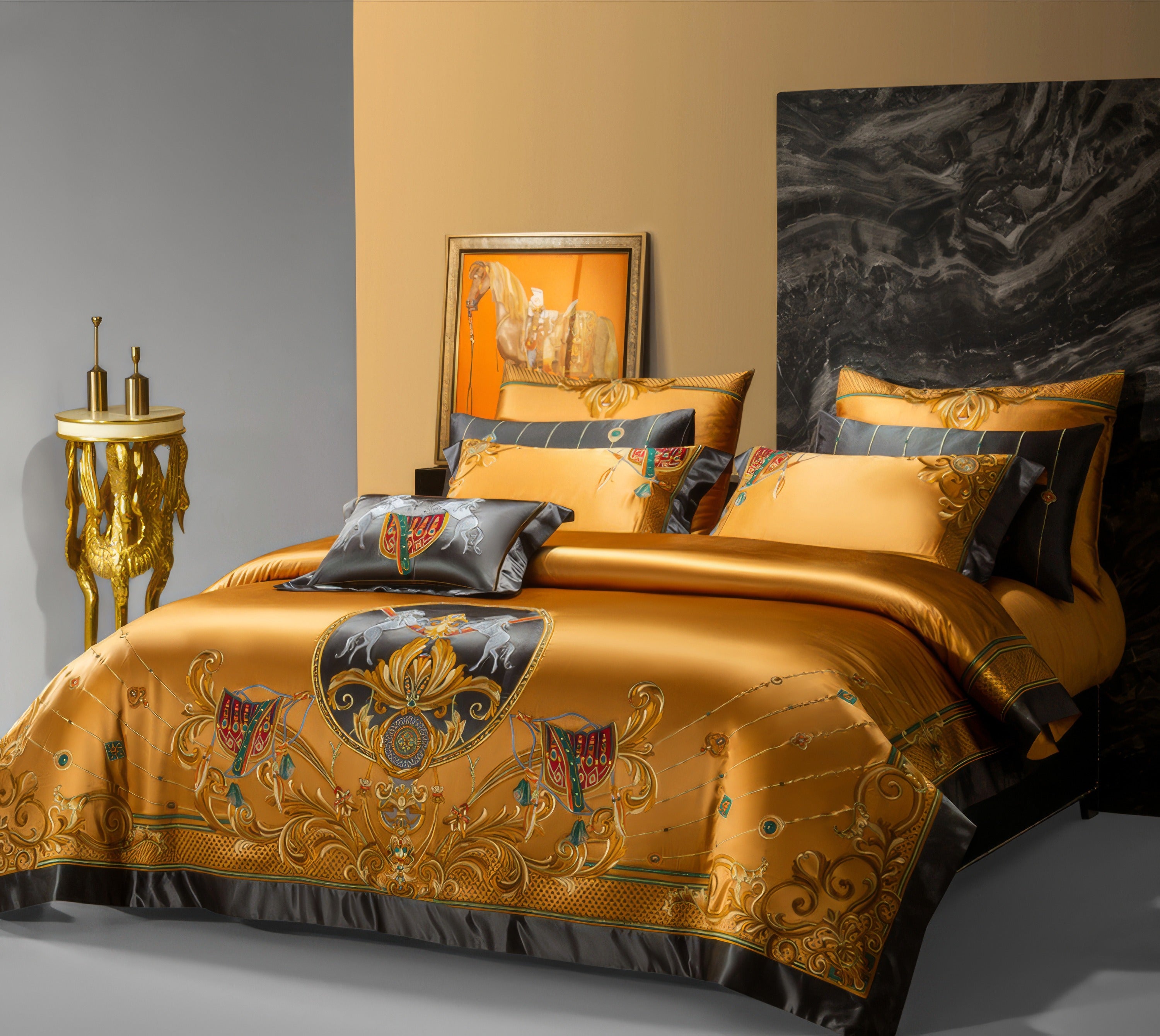 A lavish golden-yellow bedding set embellished with intricate baroque-style designs in gold, black, and jewel tones. The duvet cover features a central emblem with white leaping horses and ornate patterns, while matching pillowcases echo the theme with sophisticated embroidery and black accents. A decorative gray accent pillow with vibrant motifs adds elegance. The setting includes a luxurious black marble wall, a framed equestrian artwork with warm tones, and a gilded side table featuring intricate detaili