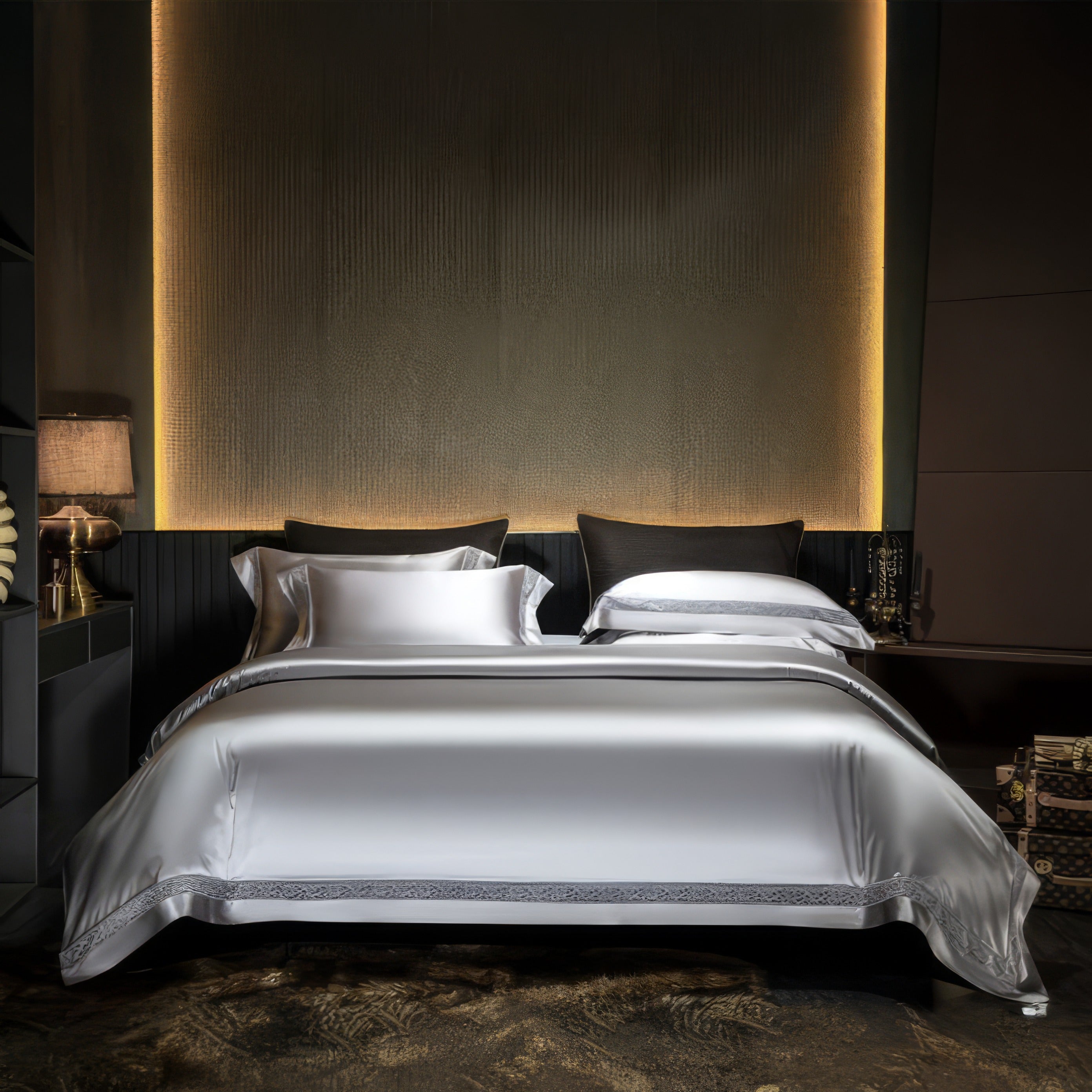 A sophisticated bedroom featuring a luxurious bed adorned with a silver satin bedding set. The bedding has a sleek finish with intricate lace detailing along the edges. The ambiance is enhanced by warm backlighting on a textured wall, dark furnishings, and a plush rug, creating an elegant and modern aesthetic.