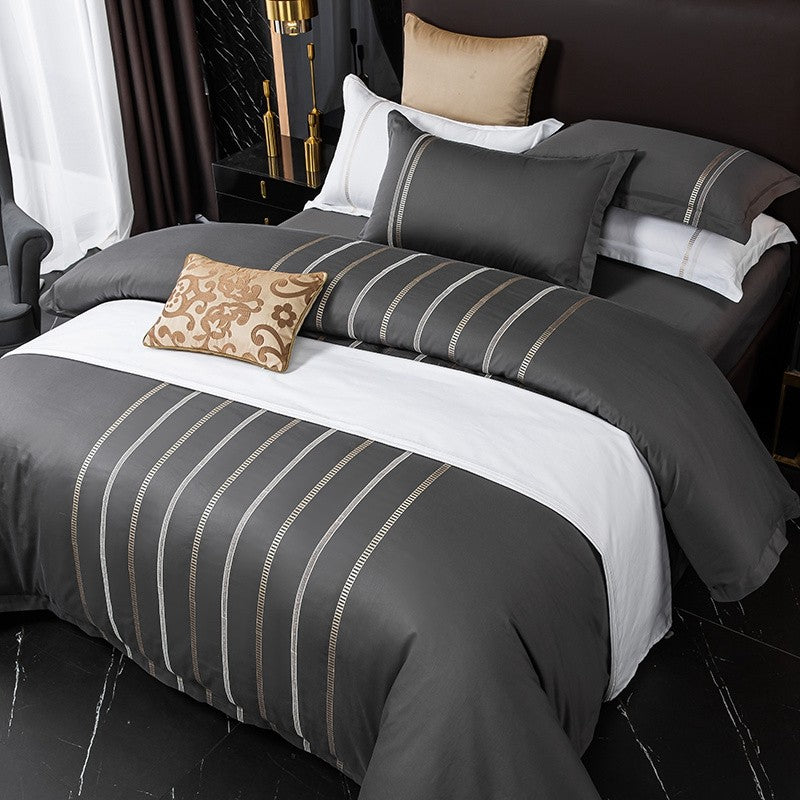 Belle Vertical Stripes Embroidery Duvet Cover - Peak Luxy