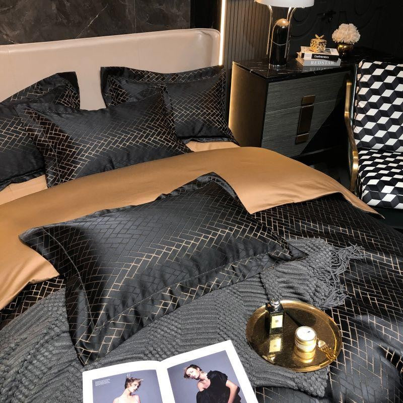 Jasmine Luxury Black Egyptian Cotton Jacquard Duvet Cover Set - Peak Luxy