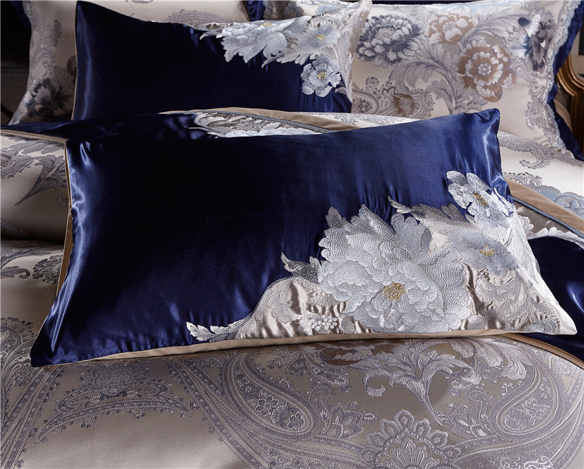 Imperial Silver Blue Silk Cotton Luxury Chinese Duvet Cover Set - Peak Luxy